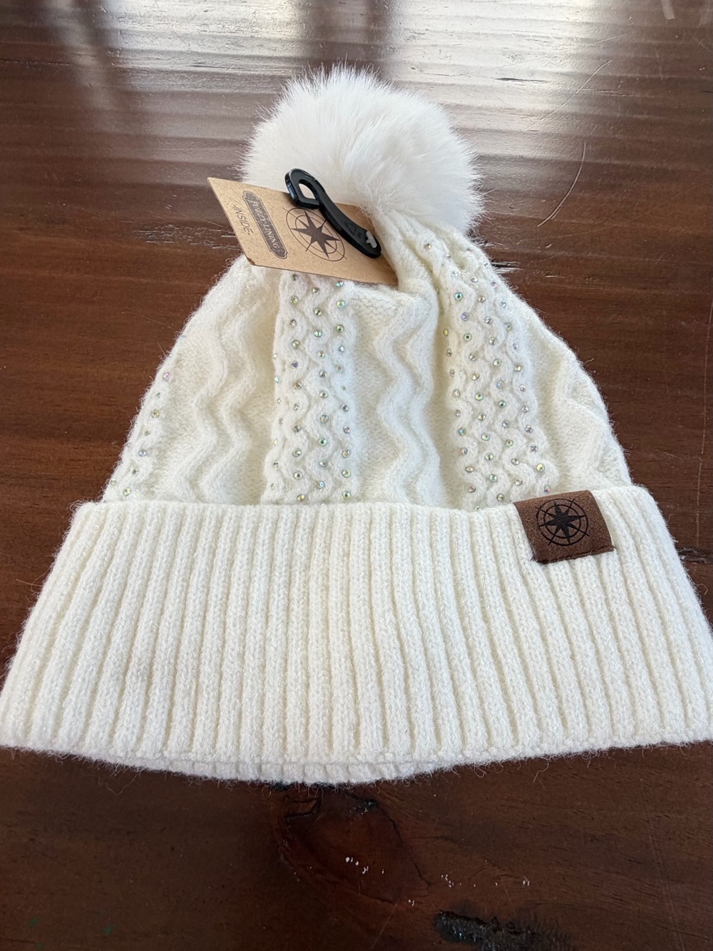 White Knit Pom Beanie with Rhinestones